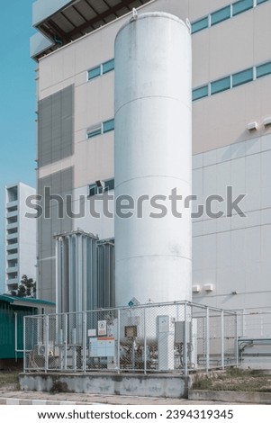 Liquid Oxygen tank in hospital for medical use. Liquid oxygen tank with warning label for flammable.