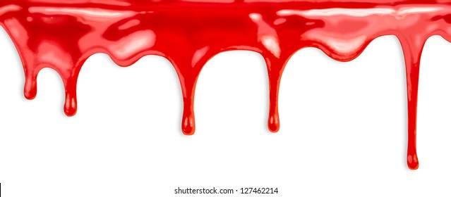 Liquid Red Paint Dripping On White Background