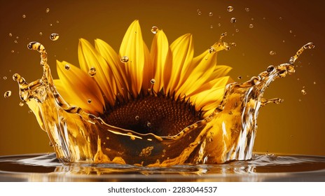 Liquid vegetable sunflower oil, bio organic seeds cooking oil splash and fresh sunflower