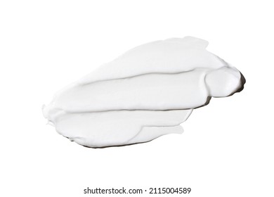 Liquid white cream smear isolated on white background. Beauty cosmetic smudge such as hair conditioner, creamy lotion, facial retinol serum, mask balm, cleanser, shower gel or shampoo top view. - Shutterstock ID 2115004589