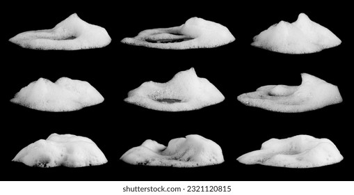 liquid white foam from soap or shampoo or shower gel Abstract soap bubbles. Set foam, soap bubble isolated on black, with clipping path texture and background.	
				