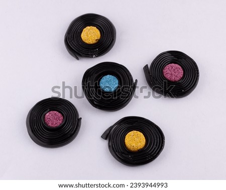 The Liquorice Catherine Wheels kids colourful favourite candy, Isolated on white background