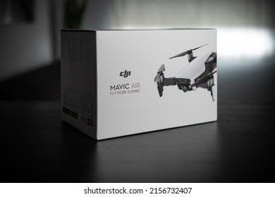 LISBOA, PORTUGAL - Apr 23, 2022: A Closeup Shot Of A Drone DJI Mavic Air Fly More Combo Box On A Table