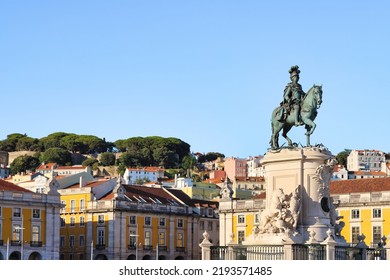 Lisbon, Capital City Of Portugal. Cityscape As Seen From Praça Do Comércio, Commerce Plaza With Statue Of King José I. Copy Space, Place Your Text.