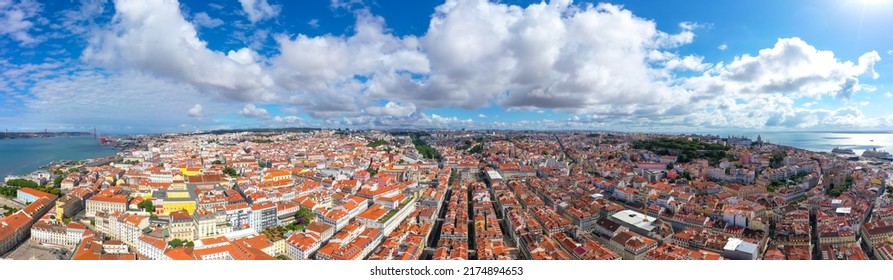 Lisbon Is The Capital Of Portugal. Panoramic View Of The City. City Landscape. Lisbon Aerial Skyline Panorama European City. Aerial; Wide Panoramic Drone View Of Lisbon Morning; Picturesque Labyrinth.