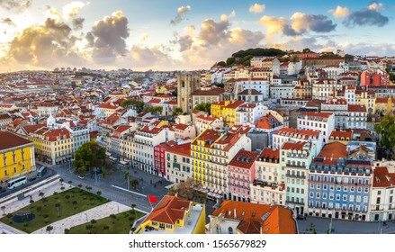 Lisbon cityscape panorama Alfama Portugal, beautiful European city summer, colored houses roofs