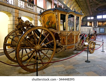 LISBON - NOVEMBER 10, 2015: French Ceremonial Coach From 18th Century, It Belonged To Prince Francisco, Duke Of Beja. National Coach Museum (Museu Dos Coches) In Lisbon, Portugal