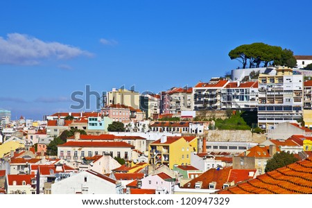 Lisbon panorama, Portugal. Buildings, roofs, churches at blue sky