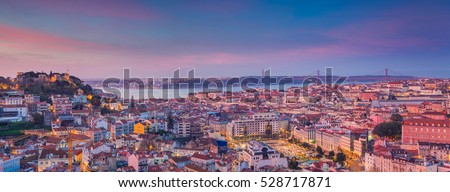 Lisbon Panorama Sunrise. Image of Lisbon, Portugal during dramatic sunrise.