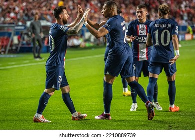 Lisbon, Portugal - 10 05 2022: UCL Game Between SL Benfica And Paris Saint-Germain F.C; Mbappe And Messi Celebrate After Scored Goal