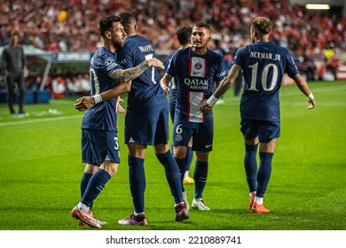 Lisbon, Portugal - 10 05 2022: UCL Game Between SL Benfica And Paris Saint-Germain F.C; Mbappe And Messi Celebrate After Scored Goal