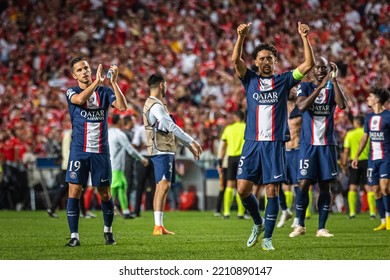 Lisbon, Portugal - 10 05 2022: UCL Game Between SL Benfica And Paris Saint-Germain F.C; Sarabia And Marquinhos Greet Fans After Game