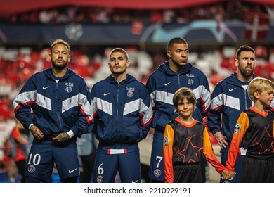 Lisbon, Portugal - 10 05 2022: UCL Game Between SL Benfica And Paris Saint-Germain F.C; Neymar Jr., Verratti, Mbappe And Messi Before Game