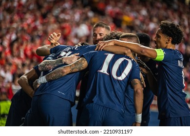 Lisbon, Portugal - 10 05 2022: UCL Game Between SL Benfica And Paris Saint-Germain F.C; Lionel Messi Celebrates After Scored Goal With Whole Team