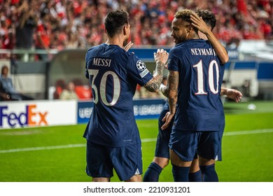 Lisbon, Portugal - 10 05 2022: UCL Game Between SL Benfica And Paris Saint-Germain F.C; Lionel Messi Celebrates After Scored Goal  With Neymar Jr.