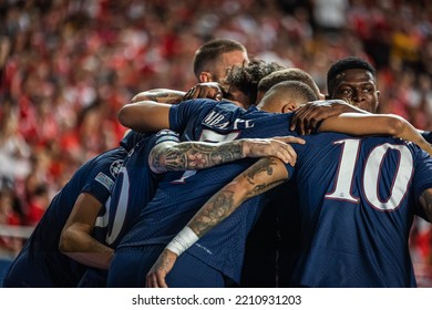 Lisbon, Portugal - 10 05 2022: UCL Game Between SL Benfica And Paris Saint-Germain F.C; Lionel Messi Celebrates After Scored Goal With Whole Team