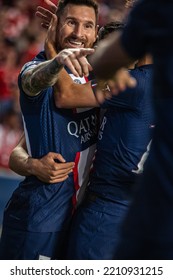 Lisbon, Portugal - 10 05 2022: UCL Game Between SL Benfica And Paris Saint-Germain F.C; Lionel Messi Celebrates After Scored Goal With Hakimi And Vitinha