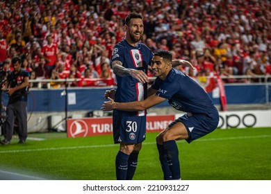 Lisbon, Portugal - 10 05 2022: UCL Game Between SL Benfica And Paris Saint-Germain F.C; Lionel Messi Celebrates After Scored Goal With Hakimi