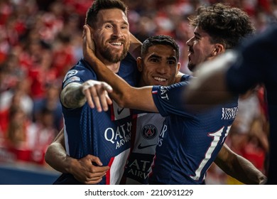 Lisbon, Portugal - 10 05 2022: UCL Game Between SL Benfica And Paris Saint-Germain F.C; Lionel Messi Celebrates After Scored Goal With Hakimi And Vitinha