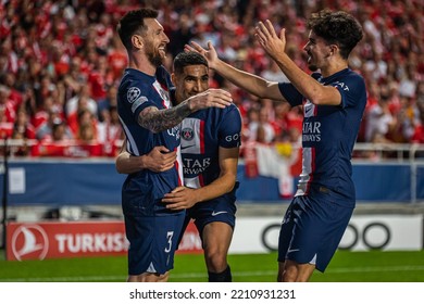 Lisbon, Portugal - 10 05 2022: UCL Game Between SL Benfica And Paris Saint-Germain F.C; Lionel Messi Celebrates After Scored Goal With Hakimi And Vitinha