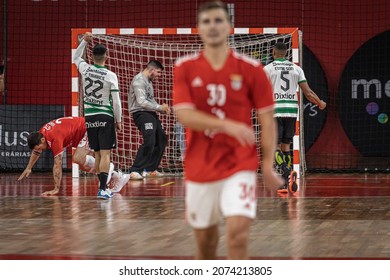 Lisbon, Portugal, 11 13 2021 - Andebol 1 - SL Benfica - Sporting CP; Manuel Gaspar And Francisco Tavares Celebrating Defense