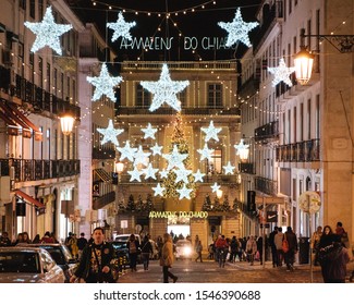 Lisbon, Portugal; 12/13/2017: Christmas Lights In Armazens Do Chiado In Lisbon Downtown. 