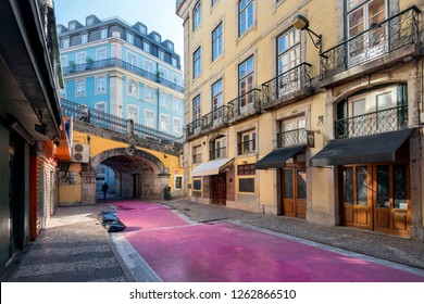 Lisbon / Portugal, 12-21-17. Beautiful And Unique Pink Street In 