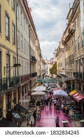 Lisbon PORTUGAL - 22 September 2020 - Tourists On Terraces On The Famous Pink Street In Cais Do Sodré