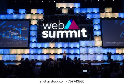 LISBON, PORTUGAL - 7 NOVEMBER 2017: Former President Of France François Hollande Addresses A Capacity Crowd And Media At The Web Summit, Lisbon.