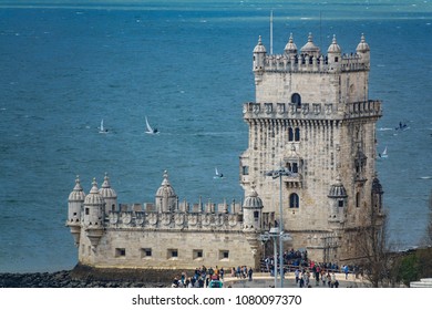 LISBON, PORTUGAL - APRIL 4, 2018. Aerial View Of Crowd Of Tourists At Belem Tower, Famous Tourist Attraction In Lisbon, Portugal.