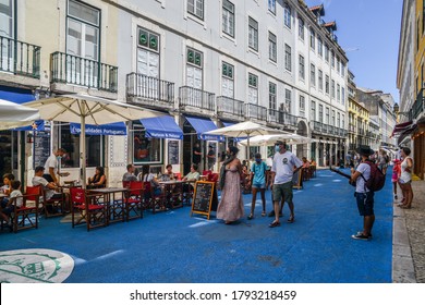 Lisbon, Portugal. August 9, 2020: Almost Deserted Street In Baixa, Lisbon, Portugal During The Coronavirus Covid-19 Outbreak As Many Tourists Decide To Stay At Home