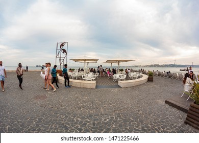 Lisbon, Portugal - Circa July,2019: Tourists In The Riverside Area Of Cais Do Sodré In Lisbon