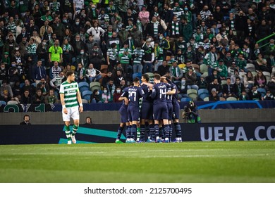 Lisbon, Portugal, Estadio Jose Alvalade - 02 15 2022: Champions League Best of 16 - Sporting CP - Manchester City; City players celebrate after scored goal