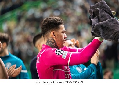 Lisbon, Portugal, Estadio Jose Alvalade - 02 15 2022: Champions League Best of 16 - Sporting CP - Manchester City; Ederson thanks City fans after the game