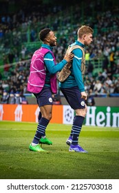 Lisbon, Portugal, Estadio Jose Alvalade - 02 15 2022: Champions League Best Of 16 - Sporting CP - Manchester City; Raheem Sterling With Kevin De Bruyne During Warm Up