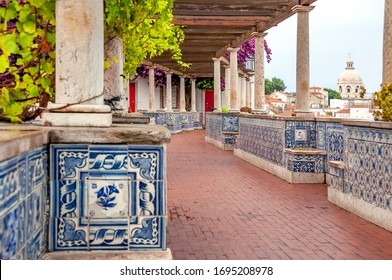 lisbon. Portugal. Famous viewpoint Miradouro de Santa Luzia in the Historic Alfama. Typical Azulejo tiles in Portugal.