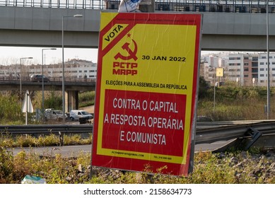 LISBON, PORTUGAL - Feb 26, 2022: A Portuguese Communist Party political poster on the street of Lisbon, Portugal