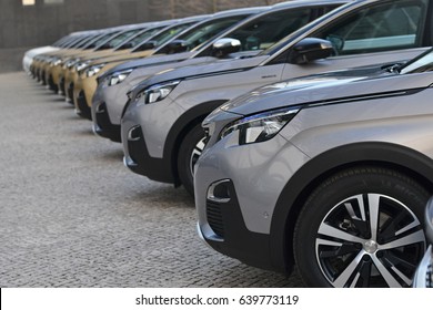 Lisbon, Portugal – February, 22, 2017: Modern Peugeot 5008 parking in a row on the street before press launch. 
