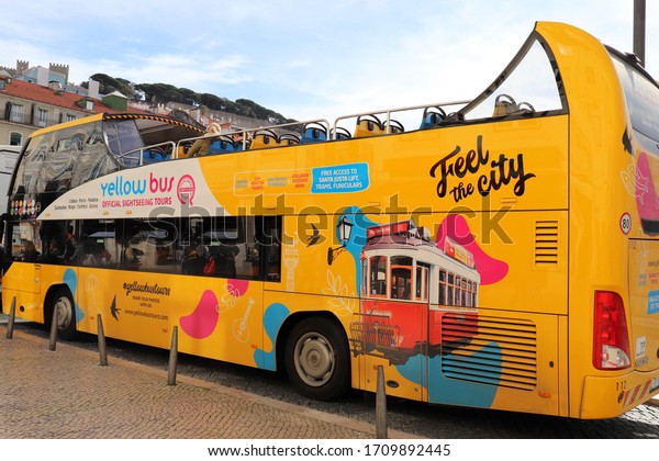 LISBON, PORTUGAL -\
FEBRUARY 25: Tourist bus in Lisbon, Portugal on February 25, 2020.\
In Lisbon there are several tourist bus services that show the city\
with an audio guide.