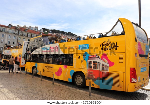 LISBON, PORTUGAL -\
FEBRUARY 25: Tourist bus in Lisbon, Portugal on February 25, 2020.\
In Lisbon there are several tourist bus services that show the city\
with an audio guide.