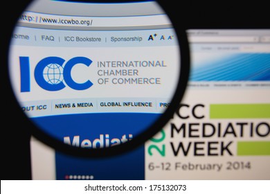 LISBON, PORTUGAL - FEBRUARY 6, 2014: Photo Of The International Chamber Of Commerce Homepage On A Monitor Screen Through A Magnifying Glass.