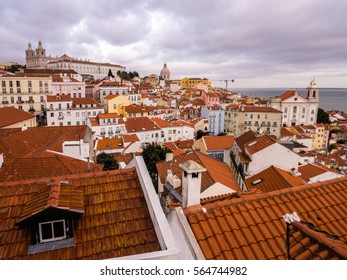 LISBON, PORTUGAL - JANUARY 10, 2017: Cityscape of Lisbon, Portugal, seen from Portas do Sol, at sunset.