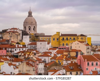 LISBON, PORTUGAL - JANUARY 10, 2017: Cityscape of Lisbon with the National Pantheon, Portugal, seen from Portas do Sol.