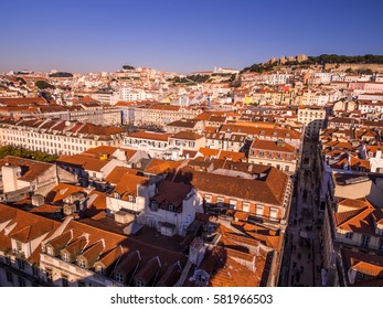 LISBON, PORTUGAL - JANUARY 10, 2017: Cityscape of Lisbon as seen from Miradouro do Elevador de Santa Justa (view point at the top of Santa Justa Elevator).