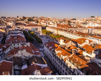 LISBON, PORTUGAL - JANUARY 10, 2017: Cityscape of Lisbon with Dom Pedro IV square, as seen from Miradouro do Elevador de Santa Justa (view point at the top of Santa Justa Elevator).