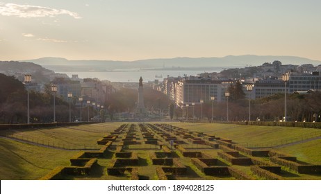 Lisbon, Portugal - January, 10 2021: View From The Top Of Eduardo VII Park To Marquês De Pombal Square And Tejo River