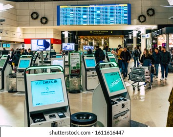 Lisbon, Portugal - January 6th, 2020 :Self service check in machine  at airport for check in, printing boarding pass or buying ticket.