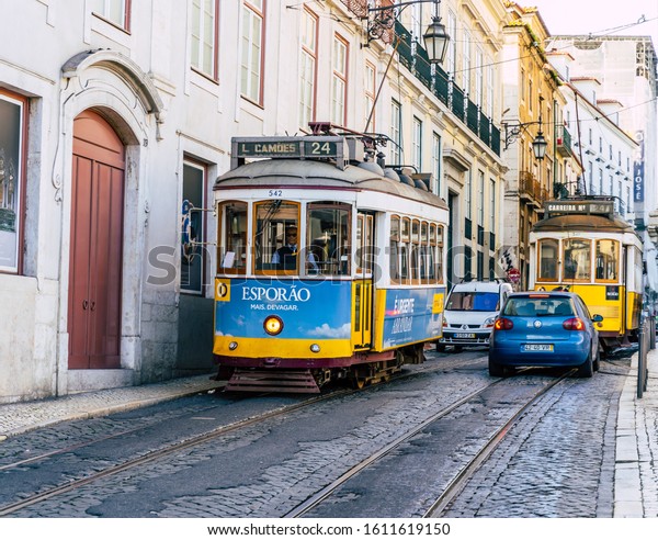 Lisbon, Portugal - January 6th,\
2020 : Vintage tram in the city center of Lisbon Lisbon,\
Portugal