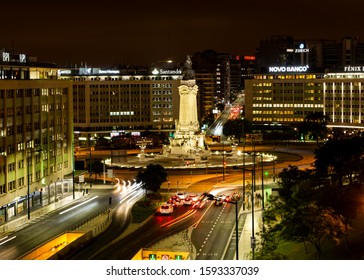 LISBON, PORTUGAL - JULY 16 2019: Marquês De Pombal. Marquis Of Pombal Square At Night. Portugal, Lisbon
