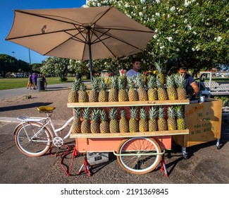 Lisbon, Portugal - July 22nd 2022: A Stall Making Pina Colada Cocktails From Fresh Pineapples, In Lisbon, Portugal.